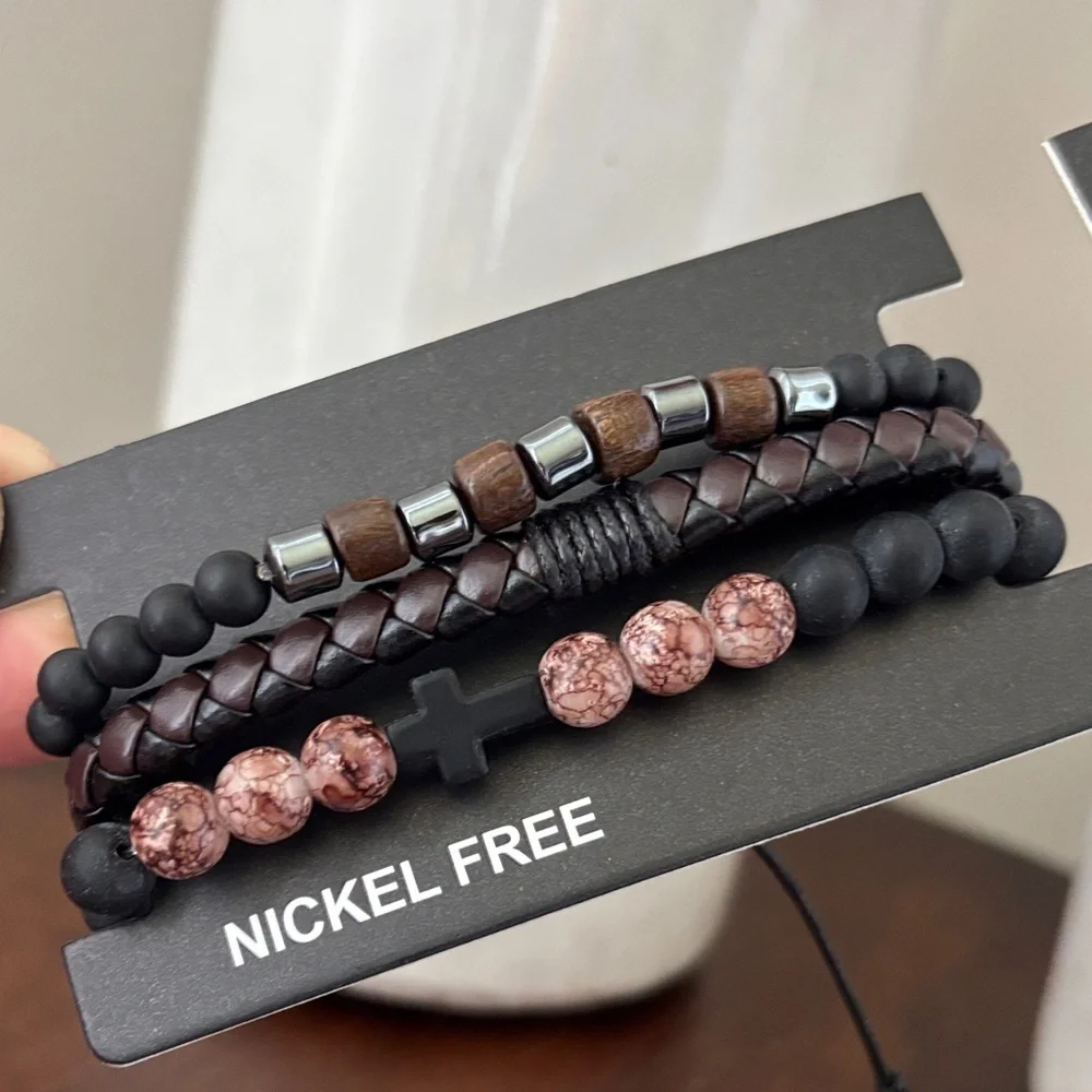 Buddha Wood Bead,flat braided leather,cross,3 row,wrap adjustable,nickle free